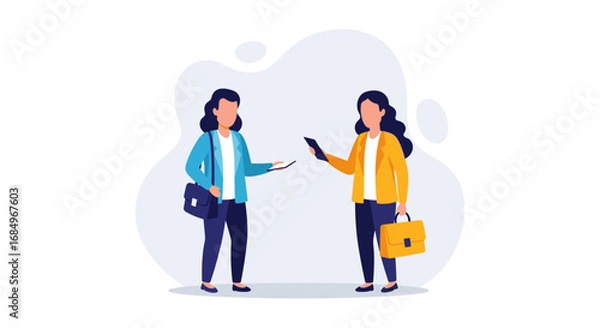 Fototapeta Two professional women engage in a business interaction, exchanging information on digital devices, representing modern collaboration and communication.