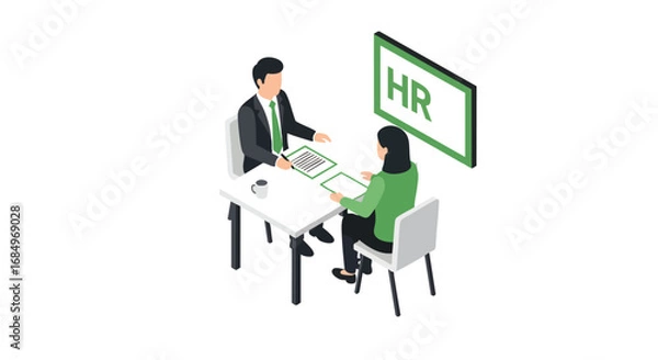 Fototapeta Isometric illustration of an HR job interview business meeting recruitment employment office manager candidate discussion documents corporate professional vector flat green