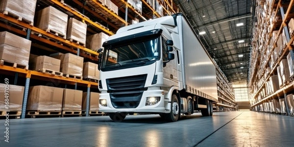 Fototapeta Busy Indoor Logistics Scene Featuring a White Lorry in a Large Distribution Warehouse Environment