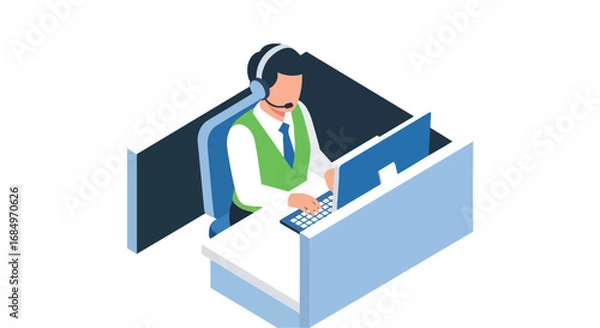 Fototapeta Isometric customer service agent wearing headset at desk illustration vector support call center operator online help flat design