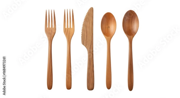 Fototapeta Set of Wooden Forks, Knife, and Spoons Arranged Vertically, Isolated on a White Background

