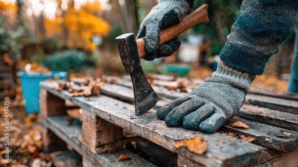 Fototapeta Hands in work gloves using an axe on a wooden pallet.