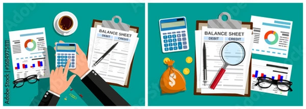 Fototapeta Man using calculator top down view for financial accounting. Business finance, audit calculation, money investment analyzing for accountant.