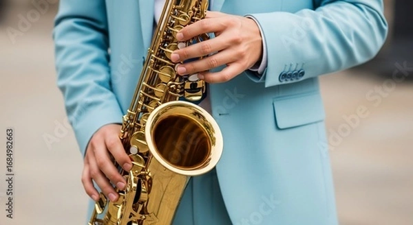 Fototapeta Person playing alto saxophone close up image of musical instrument and hands in blue suit