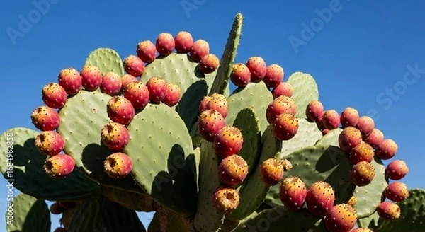 Fototapeta Prickly pear cactus with ripe fruits in bright sunlight