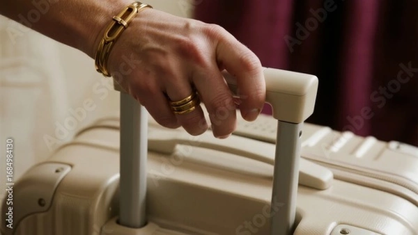 Fototapeta Hand gripping the handle of a beige suitcase, ready for travel