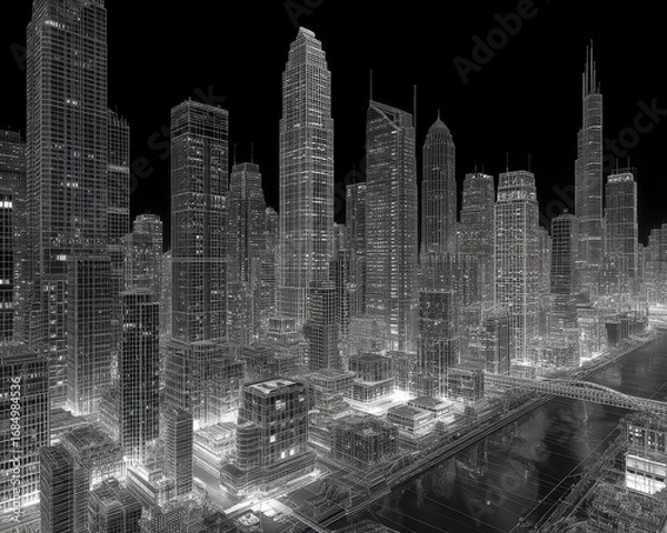 Fototapeta Wireframe of modern city buildings at night with illuminated skyscrapers and riverfront bridge, showcasing architectural design and urban landscape in futuristic style