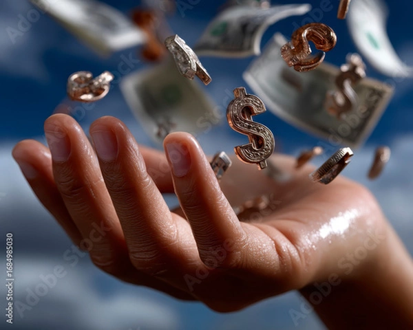 Fototapeta Close up of hand catching floating metallic dollar signs and blurred paper currency against blue sky background, symbolizing wealth, finance, and economic opportunity