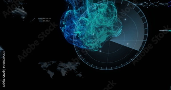 Fototapeta Displaying swirling turquoise blue digital mesh overlaying circular radar in virtual control panel