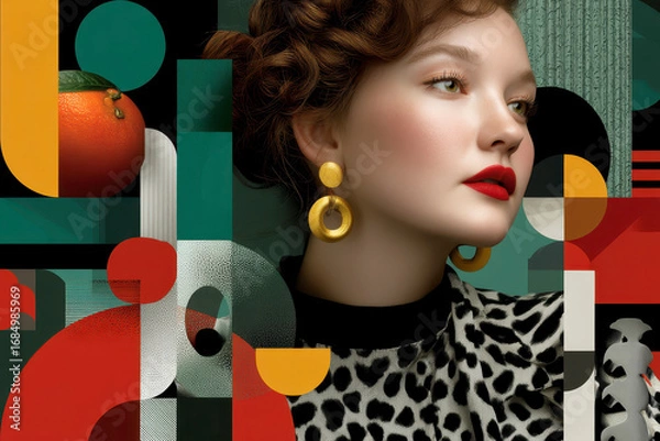 Fototapeta Modern portrait of woman with red lipstick and gold earrings, wearing patterned top, surrounded by abstract geometric shapes in bold colors, creating stylish composition