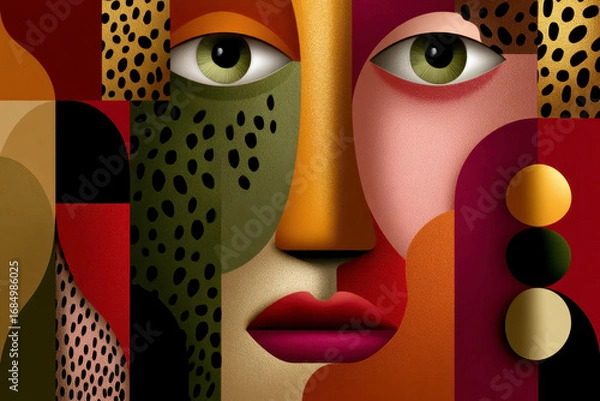 Fototapeta Abstract modern portrait with bold shapes and textured surfaces, featuring green eyes and vibrant colors in geometric composition that evokes artistic expression and creativity