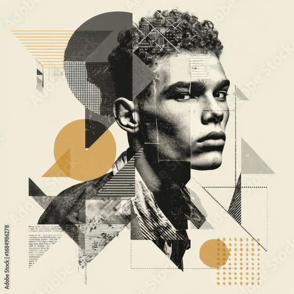 Fototapeta Abstract portrait of young man with curly hair combined with geometric shapes and textured patterns, creating modern artistic collage with thoughtful expression