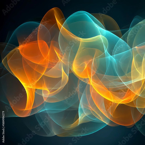 Fototapeta Abstract colorful smoke waves with flowing orange and blue light patterns create dynamic and shimmering visual effect, evoking sense of fluidity and motion in dark background