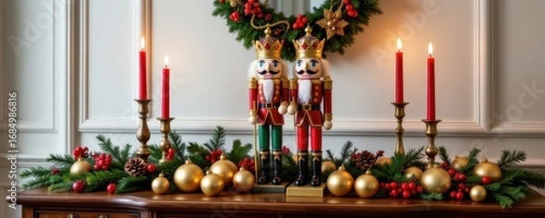 Fototapeta nutcracker standing among golden ornaments red candles and pine garlands on a sideboard creating a luxurious christmas decoration
