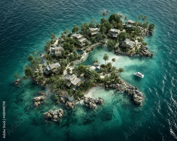 Fototapeta Tropical island with lush green palm trees and modern villas surrounded by clear turquoise water and rocky shores, featuring small boat near coast in serene paradise setting