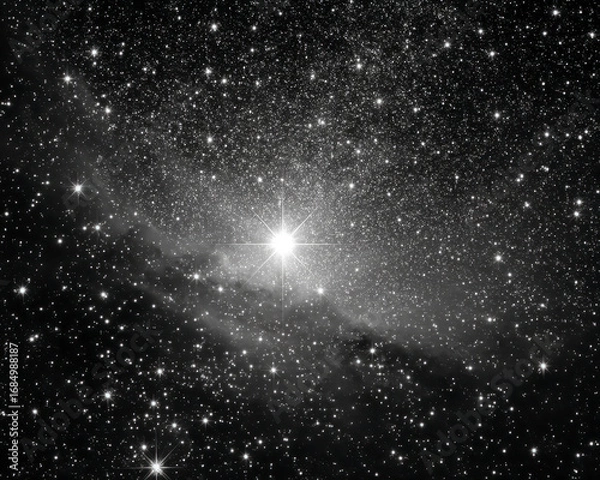 Fototapeta Star field with bright shining star and cosmic dust cloud in deep space, creating mesmerizing and vast celestial view full of sparkling light points and dark nebula