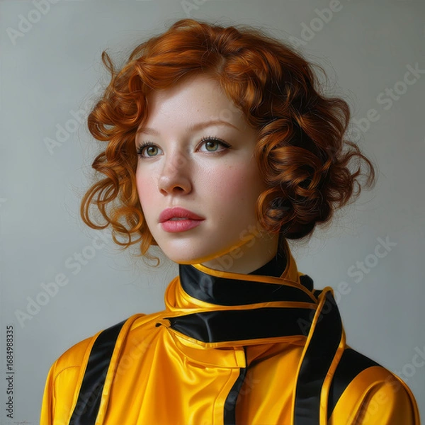 Fototapeta Redhead woman portrait with curly hair and soft makeup wearing shiny yellow and black fashion outfit, elegant and confident expression with modern style and smooth background