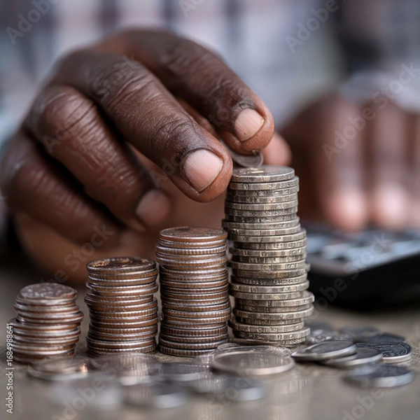 Fototapeta Stack of coins with hand adding coin and calculator in background showing budget analysis and cost management concept