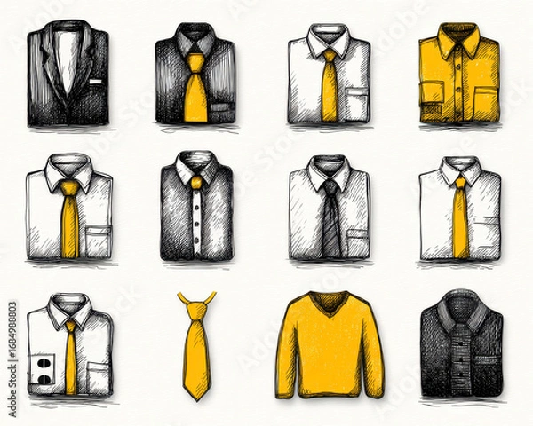 Fototapeta Folded formal shirts and ties in black, white, and yellow colors with yellow sweater, showcasing business and casual styles in hand drawn sketch style with detailed shading and texture