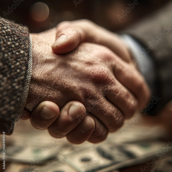 Fototapeta Handshake between two people in business setting with money on table, symbolizing financial partnership and agreement with warm, cooperative atmosphere