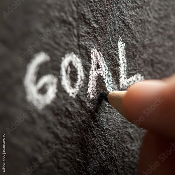 Fototapeta Goal written on blackboard with chalk and hand holding chalk close up, symbolizing business goal setting and marketing strategy