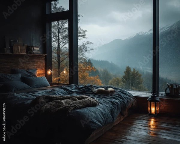Fototapeta Cozy bedroom with dark bedding and warm lighting overlooking rainy window and misty mountain landscape, creating calm and restful atmosphere for relaxation and sleep