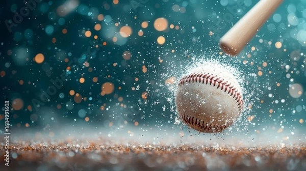 Fototapeta Action-packed baseball hit sports field dynamic image outdoor environment close-up view exciting motion