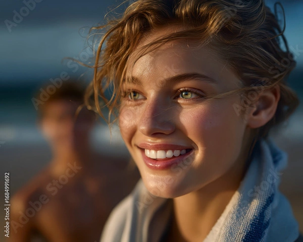Fototapeta Young woman smiling with wet hair and glowing skin at beach during golden hour, candid portrait with blurred background and warm natural light