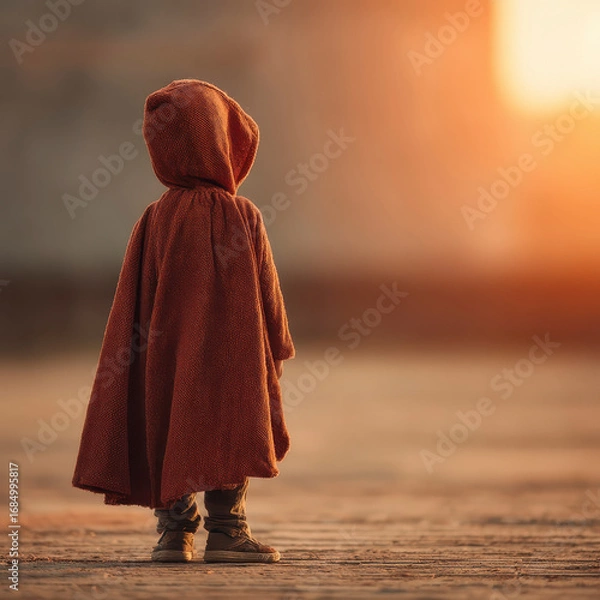 Fototapeta Child in brown hooded cape standing on textured ground at sunset with warm light creating peaceful and contemplative mood