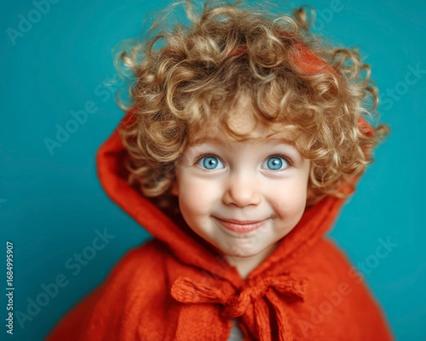 Fototapeta Curly hair child with bright blue eyes wearing red hooded cape smiling happily against teal background, capturing innocence and joyful expression in close up portrait