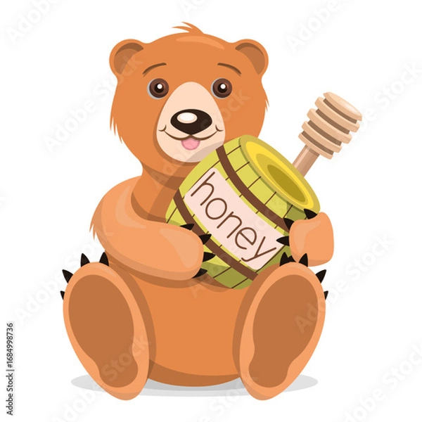 Fototapeta Cartoon bear with a barrel of honey, isolated on a white background.Vector illustration for labels of honey,baby textiles, paper.