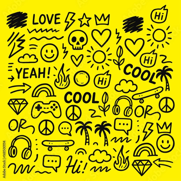 Obraz Hand-drawn sketch vector set with quirky faces, arrows, and playful scribbles. Perfect for stickers, apparel, and social media graphics.
