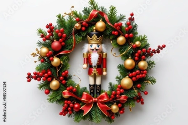 Fototapeta a christmas wreath with a central nutcracker figure, surrounded by pine branches, red berries, golden ornaments, ribbons, and led lights, traditional holiday design for front doors or living rooms