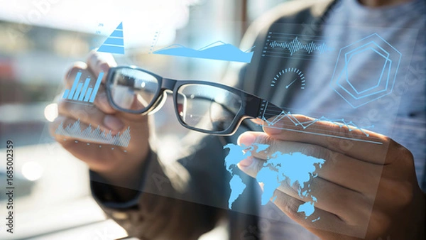 Fototapeta Businessman holding eyeglasses with futuristic data visualization interface, showing charts, graphs, world map, and analytics dashboard, symbolizing business intelligence, data analysis, and digital t