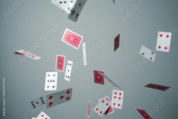 Fototapeta Playing cards falling and scattering in mid air against a gray background
