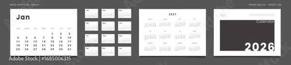 Fototapeta 2026 Calendar Planner Set of Template Monthly Page, Cover with Place for Photo, Company Logo, Annual 2027. Vector layout of wall or desk minimalist organizer with week start Sunday in print. Pages A4