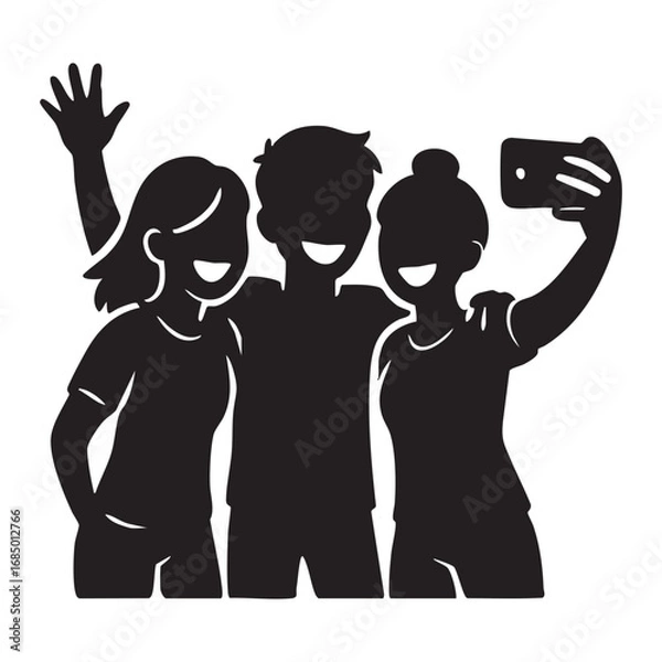 Fototapeta Black silhouette of friends taking a selfie together, fun and modern vector style.