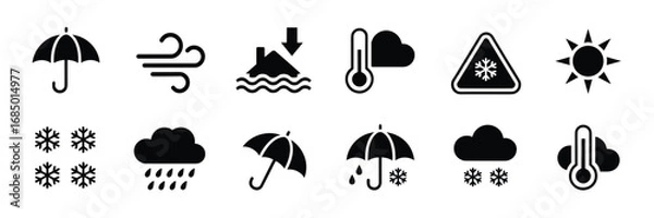 Fototapeta Weather & Climate Icon Set – Black Silhouette Symbols for Forecasting, Navigation, and Atmospheric Conditions