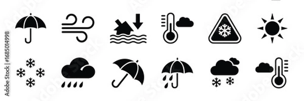Fototapeta Weather & Climate Icon Set – Black Silhouette Symbols for Forecasting, Navigation, and Atmospheric Conditions