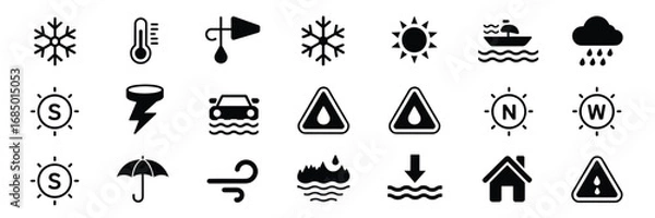 Fototapeta Weather & Climate Icon Set – Black Silhouette Symbols for Forecasting, Navigation, and Atmospheric Conditions