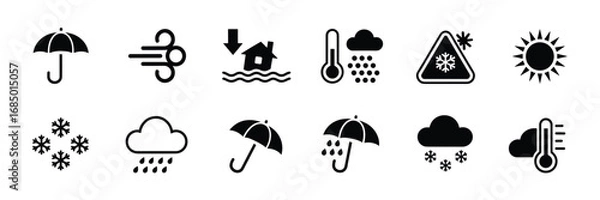 Fototapeta Weather & Climate Icon Set – Black Silhouette Symbols for Forecasting, Navigation, and Atmospheric Conditions