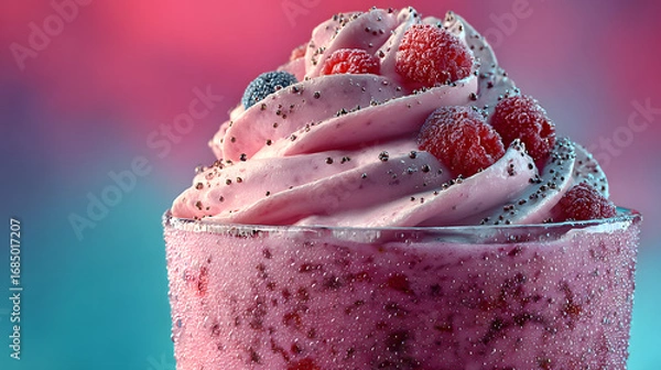 Obraz Creamy Berry Smoothie with Whipped Cream in Glass, Pnk and Blue Background