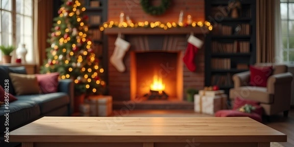 Fototapeta A warm and festive living room decorated for Christmas, featuring a glowing fireplace with hanging stockings, a lit Christmas tree, and comfortable furniture. A wooden table is in the foreground, read