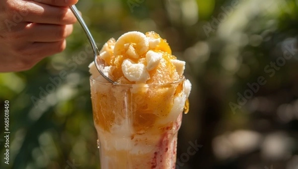 Fototapeta A hand with a spoon scoops a refreshing tropical fruit dessert from a tall glass, topped with fresh banana slices.