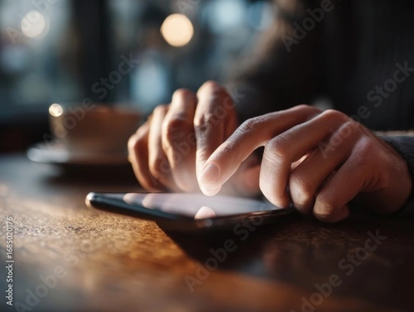 Fototapeta Online job search concept. Using smartphone and app.Closeup of male hands touching smartphone screen for using app at table.