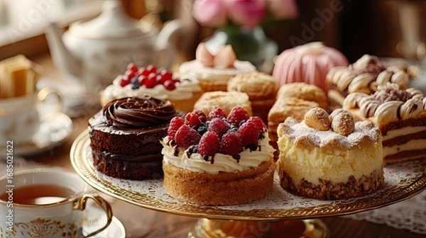 Fototapeta Dessert buffet table for wedding celebration concept. An assortment of delightful cakes and pastries on a decorative tray.