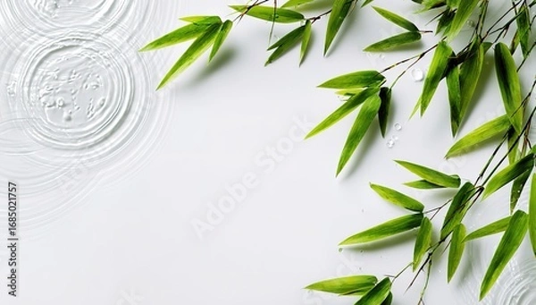 Obraz White background, water ripples and bamboo leaves, top view, light green tone, fresh style