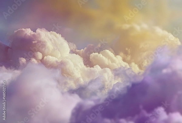 Obraz White iridescent clouds, close-up, pale yellow and purple sky, ethereal dreamy scene