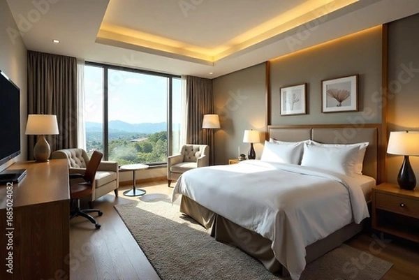 Fototapeta Luxurious motel suite with plush bedding, modern decor, and large windows offering scenic views Enjoy upscale amenities and comfortable accommodations for a relaxing getaway , interior, high-end