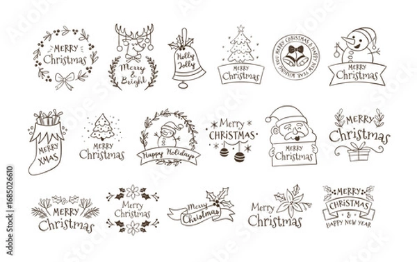 Fototapeta Cute hand-drawn Christmas label design set in doodle style. Perfect for sticker designs,  prints, and crafting projects. A total of 17 items. No editable text. Vector illustration.